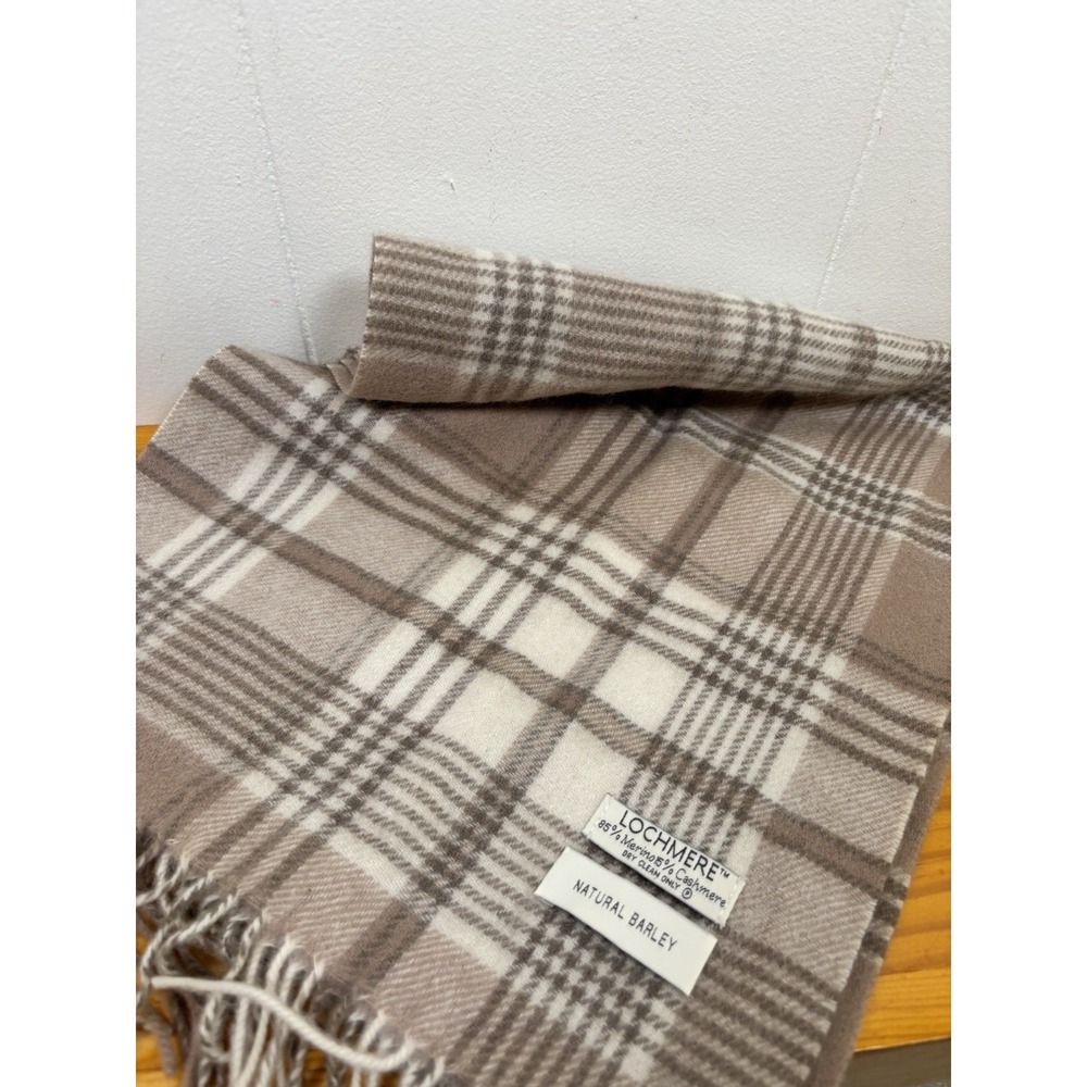 Lochmere Natural Barley Color Merino Cashmere Blend Plaid Tartan Scarf 59"